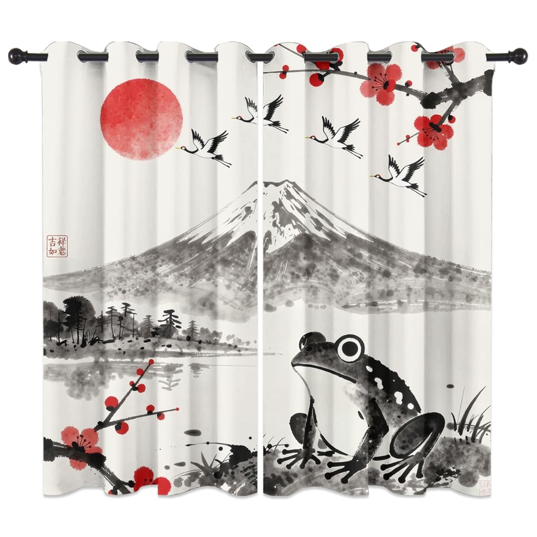 KuracleGH Rustic Japanese Animal Frog Blackout Curtains,Retro Ink Mount Fuji Crane Curtains with Grommets,Aesthetic Red Sun Cherry Blossom Drapes for Living Room Windows,2pcs,Each 21“W x 45”L