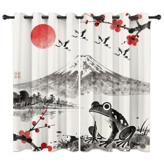 KuracleGH Rustic Japanese Animal Frog Blackout Curtains,Retro Ink Mount Fuji Crane Curtains with Grommets,Aesthetic Red Sun Cherry Blossom Drapes for Living Room Windows,2pcs,Each 21“W x 45”L