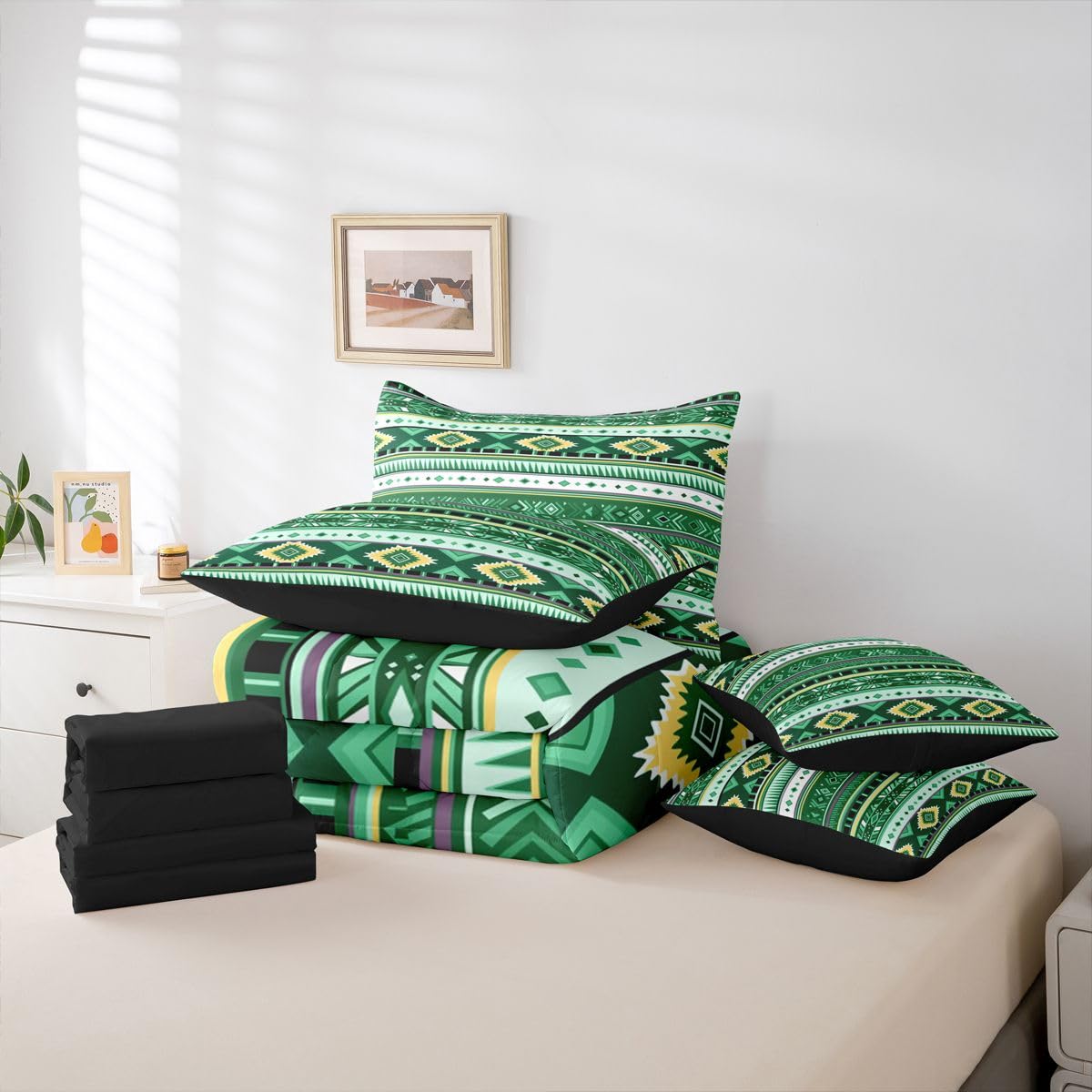 Erosebridal Cowboy White Dark Green Aztec Full Comforter Set 7 Pieces | Southwestern Farmhouse Bed in A Bag for Bedroom Bohemian Tribal Cowgirl Bedding Set with Comforters Adults Geometric Room Decor