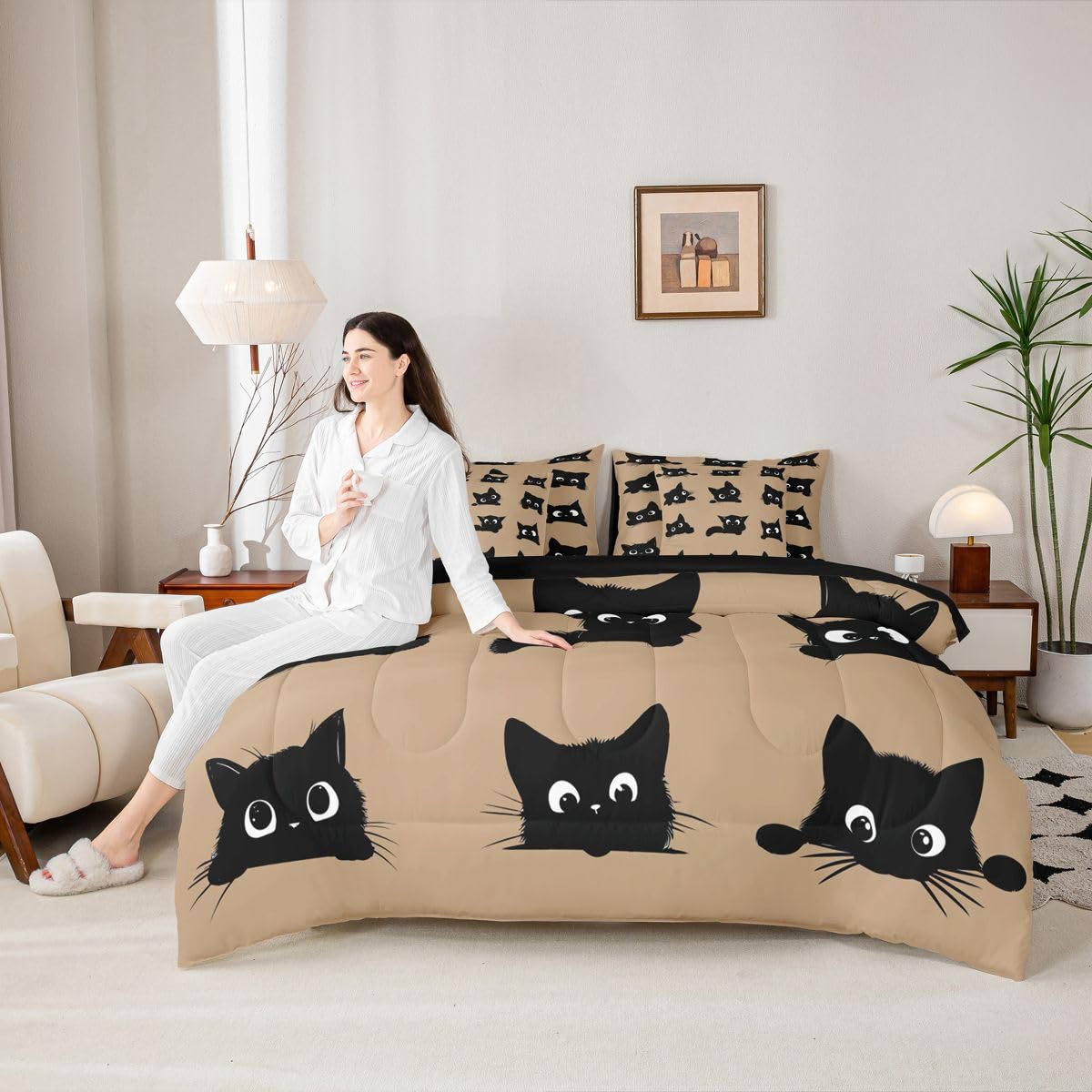 Erosebridal Cute Black Cats 7-Piece Bedding Set Full Size for Kids Boys Girls (Black and Khaki) - Funny Cats Bed in a Bag Cartoon Kitten Animal Comforter Set with Sheets Cute Cat Duvet Insert