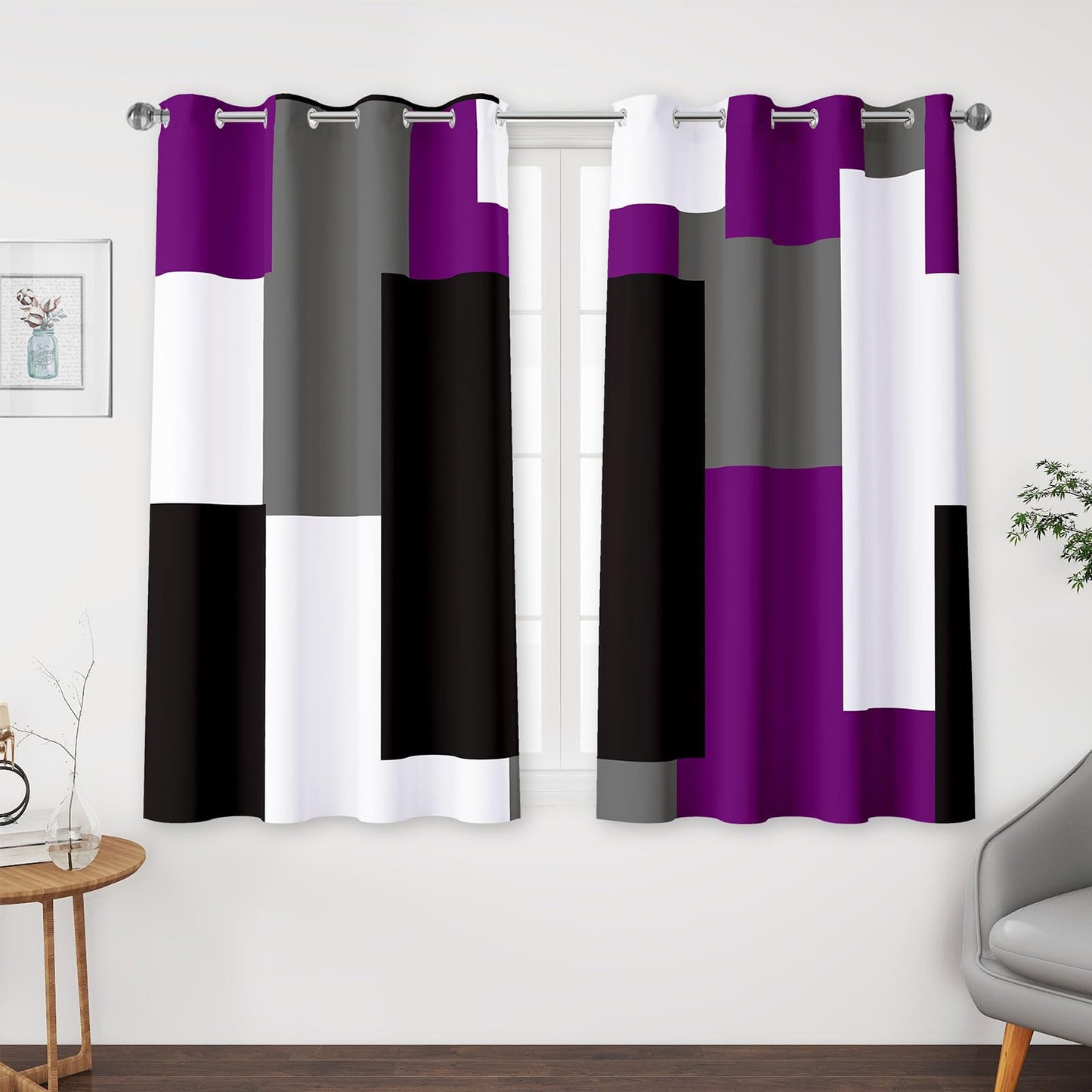 Tyrot Purple 100% Blackout Curtains for Bedroom 45 inch Length 2 Panels Set Grey Modern Abstract Geometric Black Out Curtains Insulated Room Darkening Window Drapes for Living Room, 52Wx45L