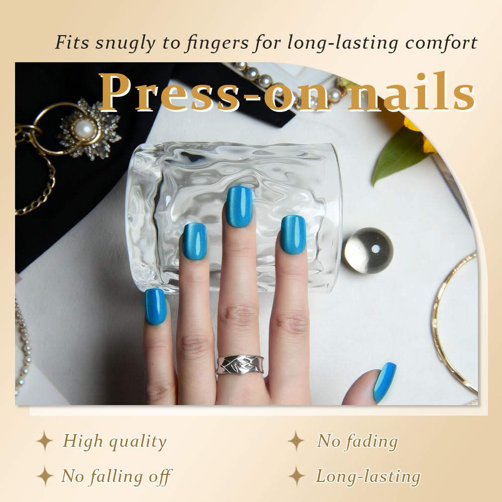 evpct Sky Blue Cat Eye Extra Short Square Press on Nails, Perfectly Fit Short Square Stick on Nails for Women, Glossy Blue Holographic Fake Nails Reusable Gel Press on Acrylic Fake Nail with Designs