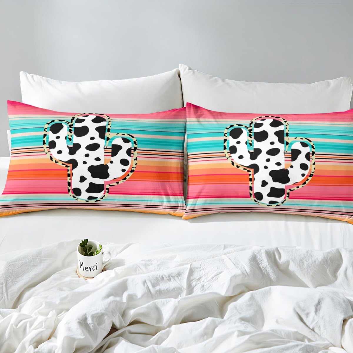 Manfei Cactus Duvet Cover Set Queen Size, Cow Print Cactus Bedding Set 3pcs for Kids Girls Teens, Red Blue Orange Gradient Comforter Cover Animal Print Quilt Cover with 2 Pillowcases,No Comforter