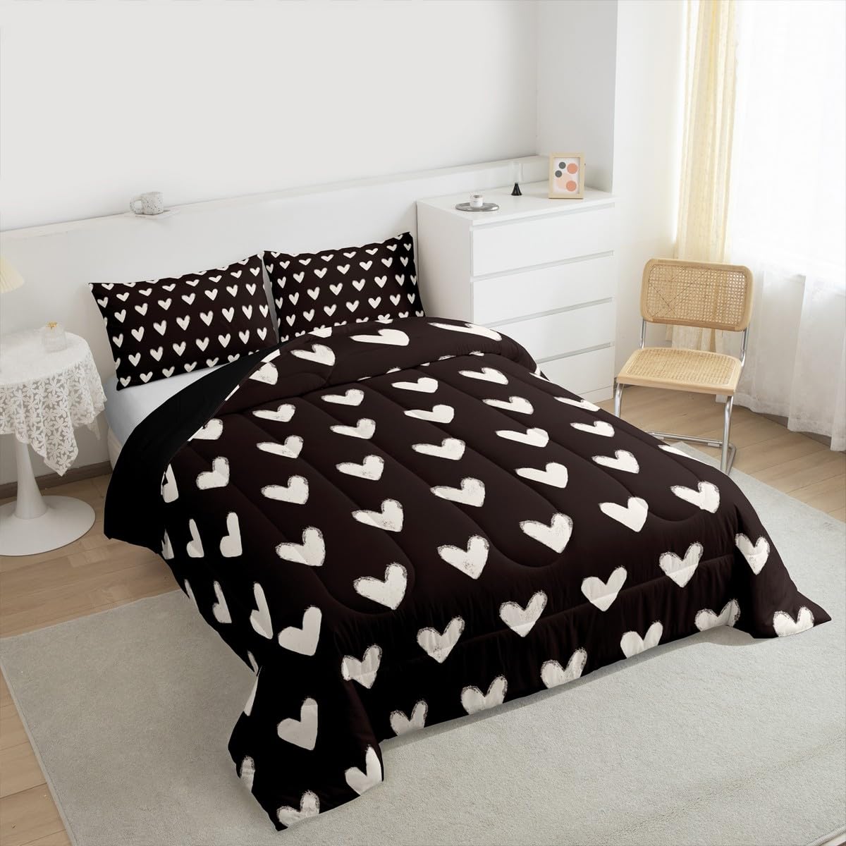 Erosebridal Love Comforter Set Queen Black and White Bedding for Kids Boys Girls Cute Heart Shaped Valentine Day Down Comforter Kawaii Cartoon Love Heart Geometric Duvet Insert Soft Warm Quilt 3Pcs