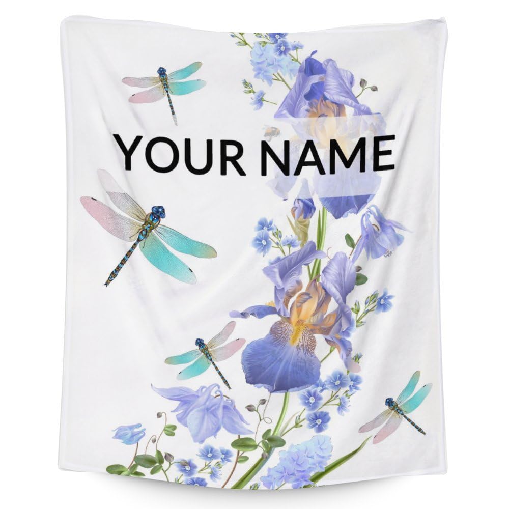Personalized Dragonfly Blanket with Name - Soft, Fuzzy & Warm - 60"x80" Twin Size Blanket for Bed, Couch & Living Room - White Aesthetic Throw Gifts for Women