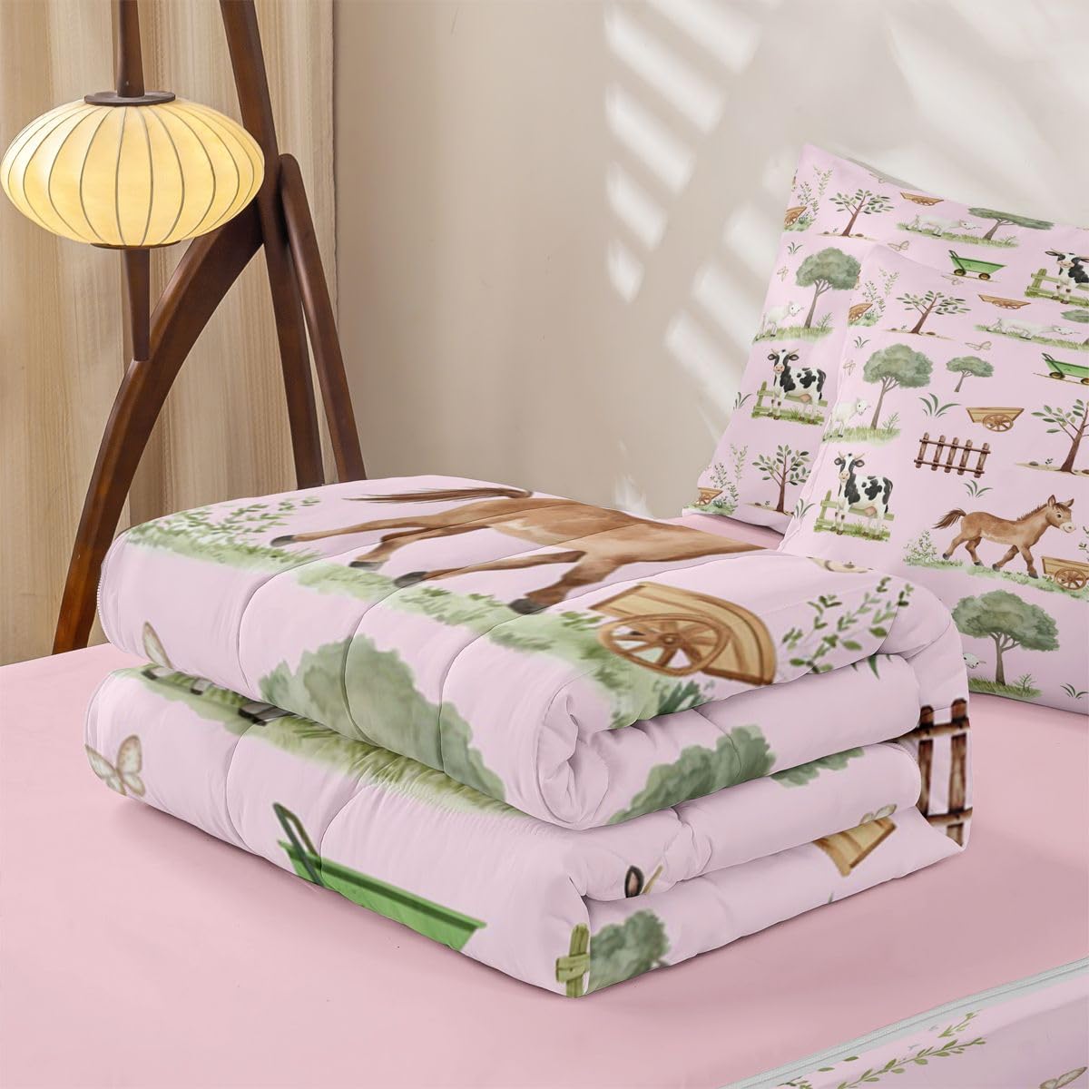 Erosebridal Farm Animal Kids Zip Up Bedding Set Twin Pink Cartoon Animals Zipper Comforter Set with Sheets Western Rustic Farmhouse Bed in a Bag Cute Horse Sheep Cow Pig Woodland Trees Bed Sets