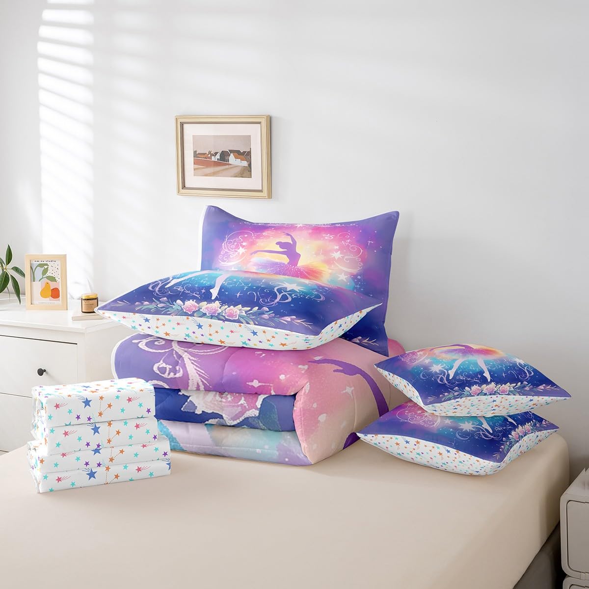 Feelyou Kids Ballet Dancer Comforter Set with Sheets Twin Size, Ballerina 7 Pieces Bedding Set Boys Girls Dreamy Princess Bed in A Bag Dancing Teens Bed Set Bedroom Decor 7Pcs
