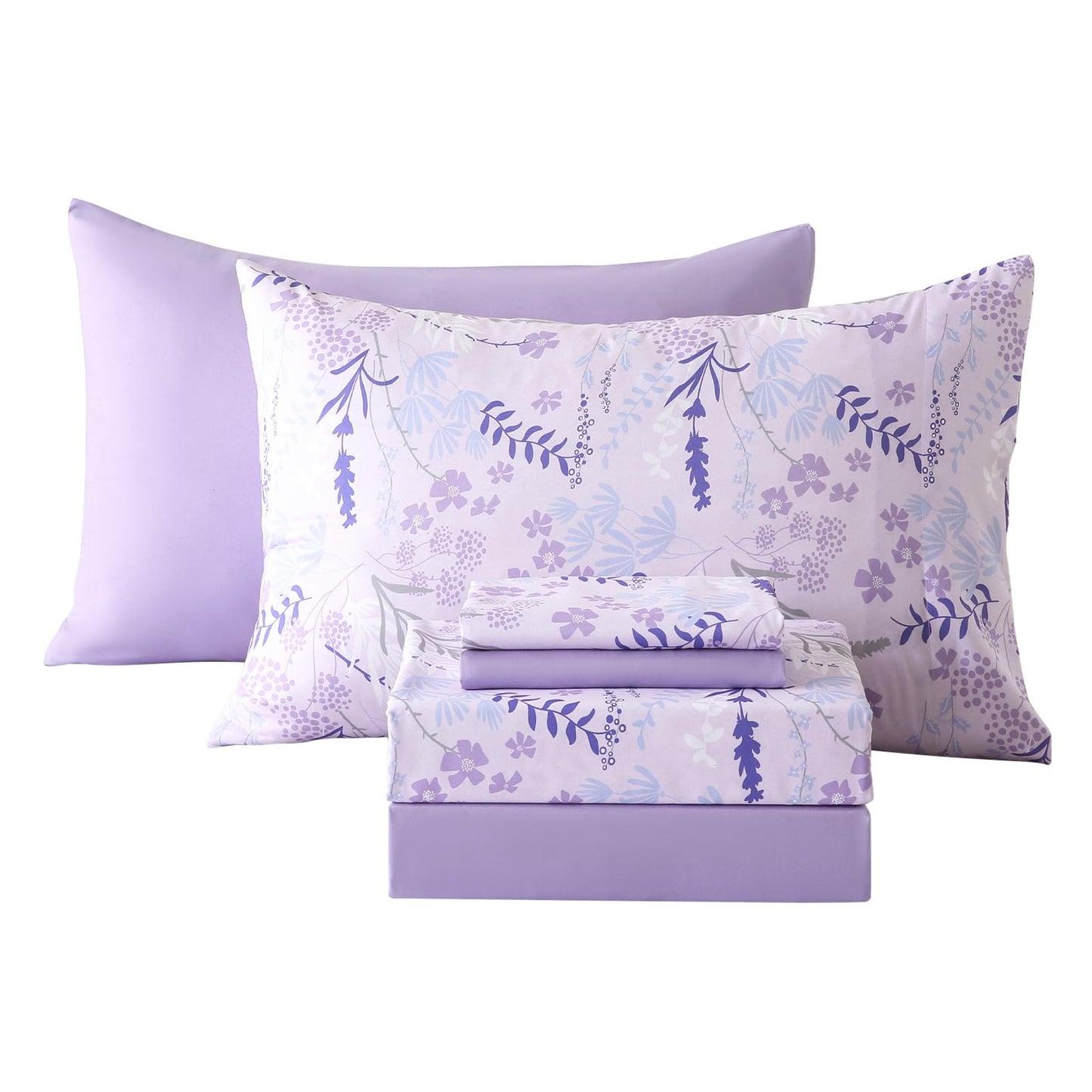 Botanical 6-Piece Full Size Sheets Set, Boho Floral Print Brushed Microfiber Sheets, Cooling Bed Sheet Set, Ultra Soft & Breathable, 16' Deep Pocket Fitted Sheet & Pillowcase Set, Purple Floral
