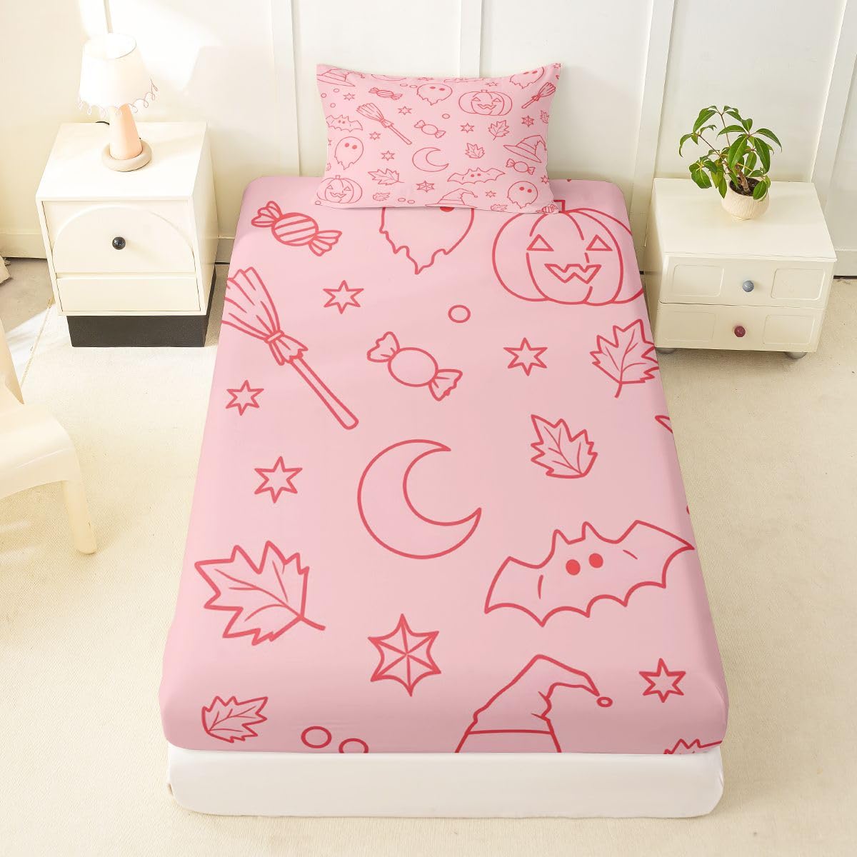 Feelyou Ghost Fitted Sheet with 1 Pillowcase Twin Size Halloween Themed Bed Sheets Set 16" Deep Pocket Boys Girls Trick or Treat Bedding Teens Bedroom Decor Breathable Soft Lightweight Microfiber