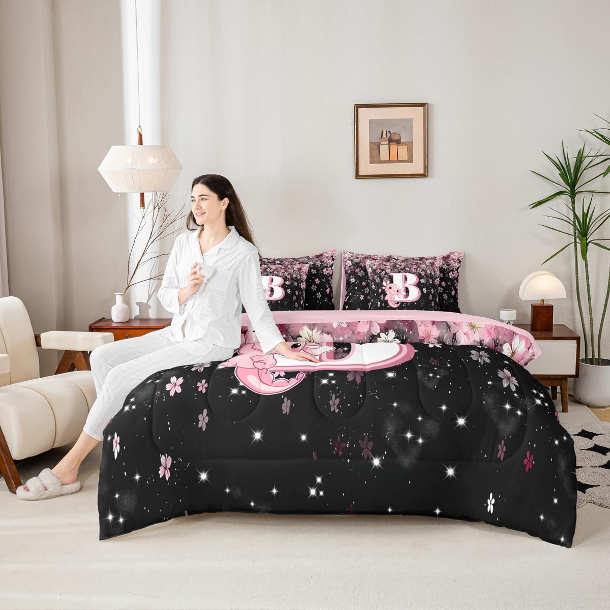Erosebridal 7 Pieces Cute Letter Initial B Bedding Set Twin Size | Cute Axolotl Comforter Set with Sheets for Kids Girls Teens Pink and White Cherry Blossom Quilt Sets Kawaii Axolotl Bed in A Bag