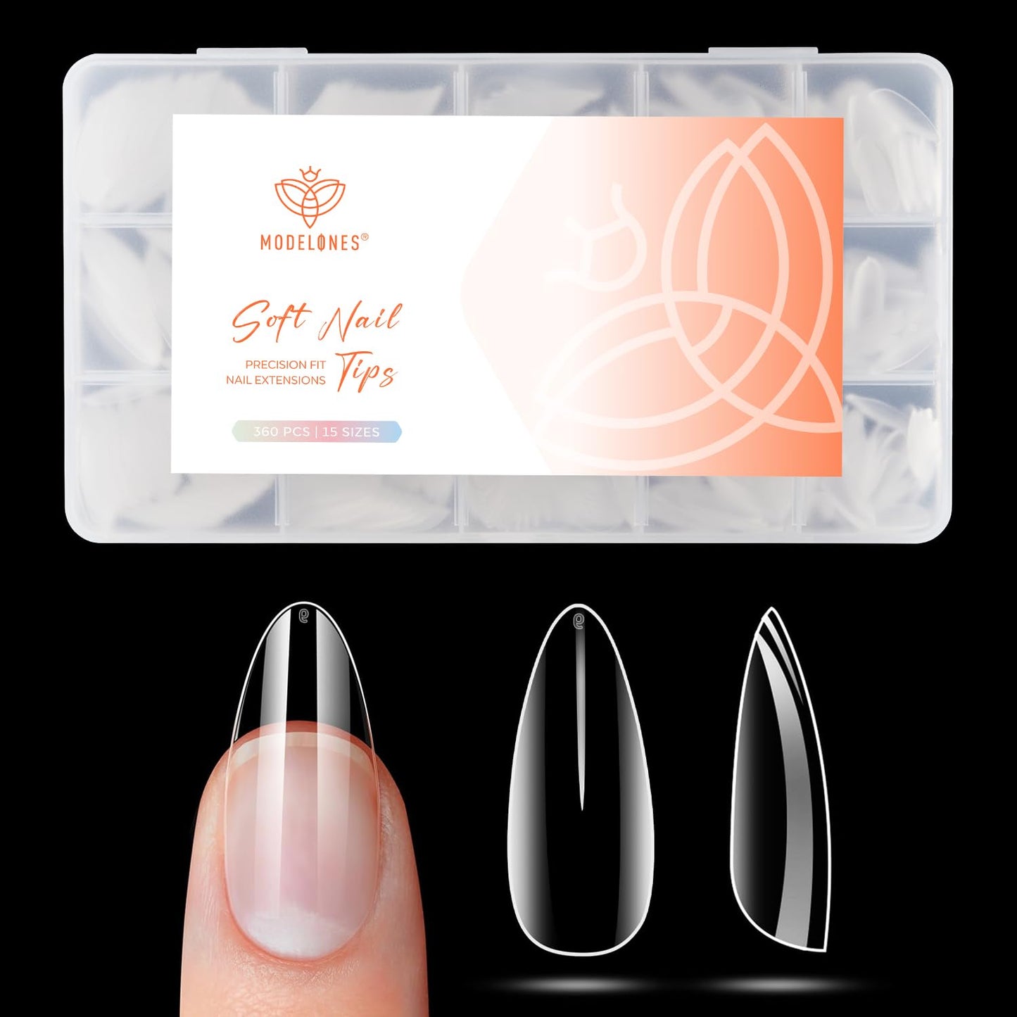 modelones Medium Almond Gel Nail Tips, 360pcs Pre-shaped Clear Fake Nails Press On Full Cover 15 Sizes Acrylic Gel Tips for Extension Salon