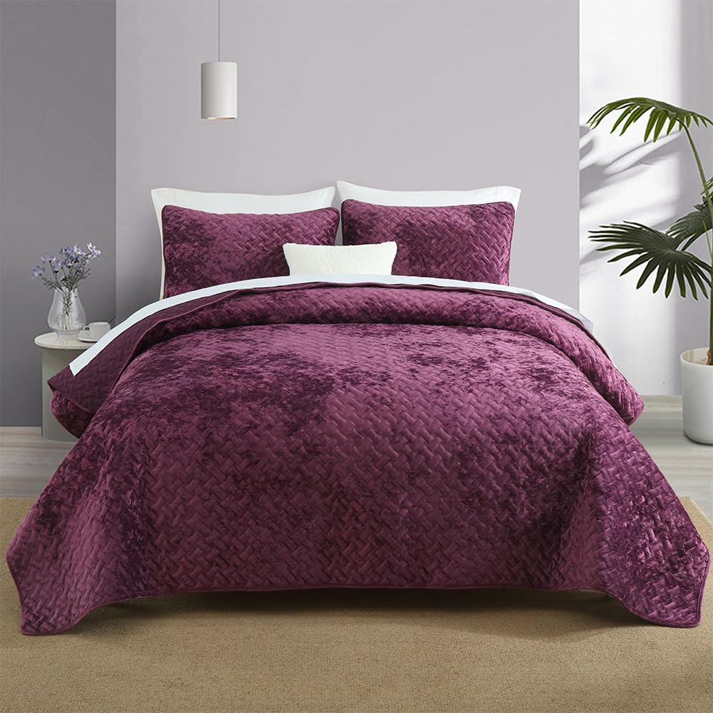 Liians Velvet Bedspread Quilt Bedding Sets,Luxury Elegant Ultra Soft Velvet Comforters Coverlet Blankets,Weave Stitching Pattern Cotton Quilted Bedspread for All Seasons，Purple,King Size