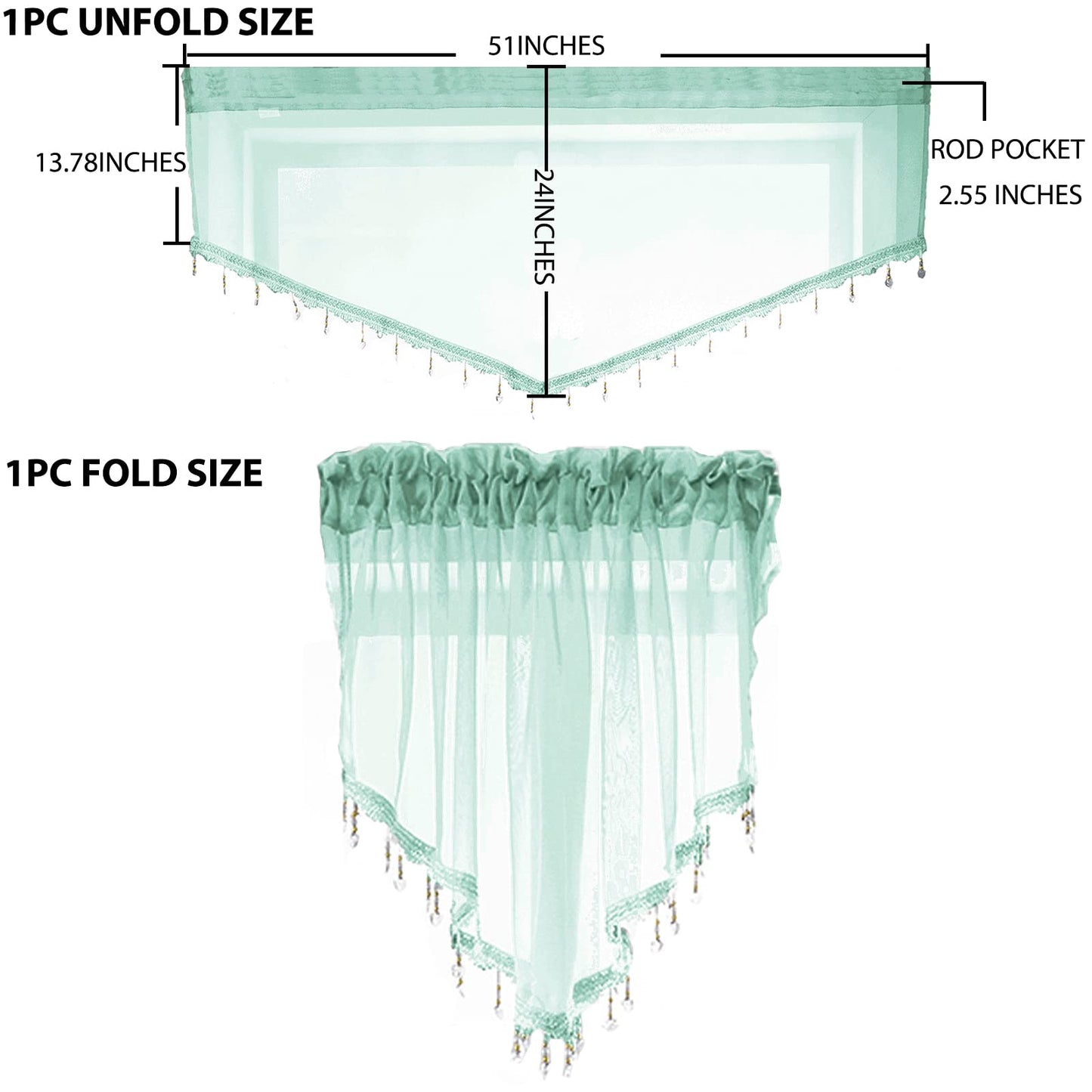 PearAge Beaded Sheer Valance Curtains for Living Room,Rod Pocket Farmhouse Window Valance, Bead Trim Tassel Voile Sheer Curtain Valance for Bedroom Bathroom Cafe 51x24 Inches (Mineral Blue) 1PC