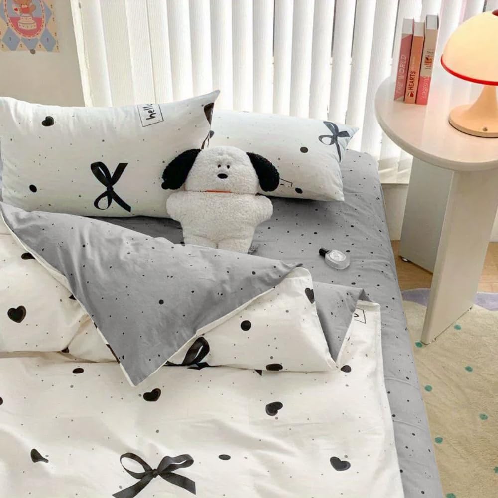 Sedefen Bow Duvet Cover Queen Size Heart Bows Printed Duvet Cover Set 3 Pcs Kids Girls Cute Love Pattern Dot Reversible Bedding Set with Zipper Ties Soft Breathable Microfiber