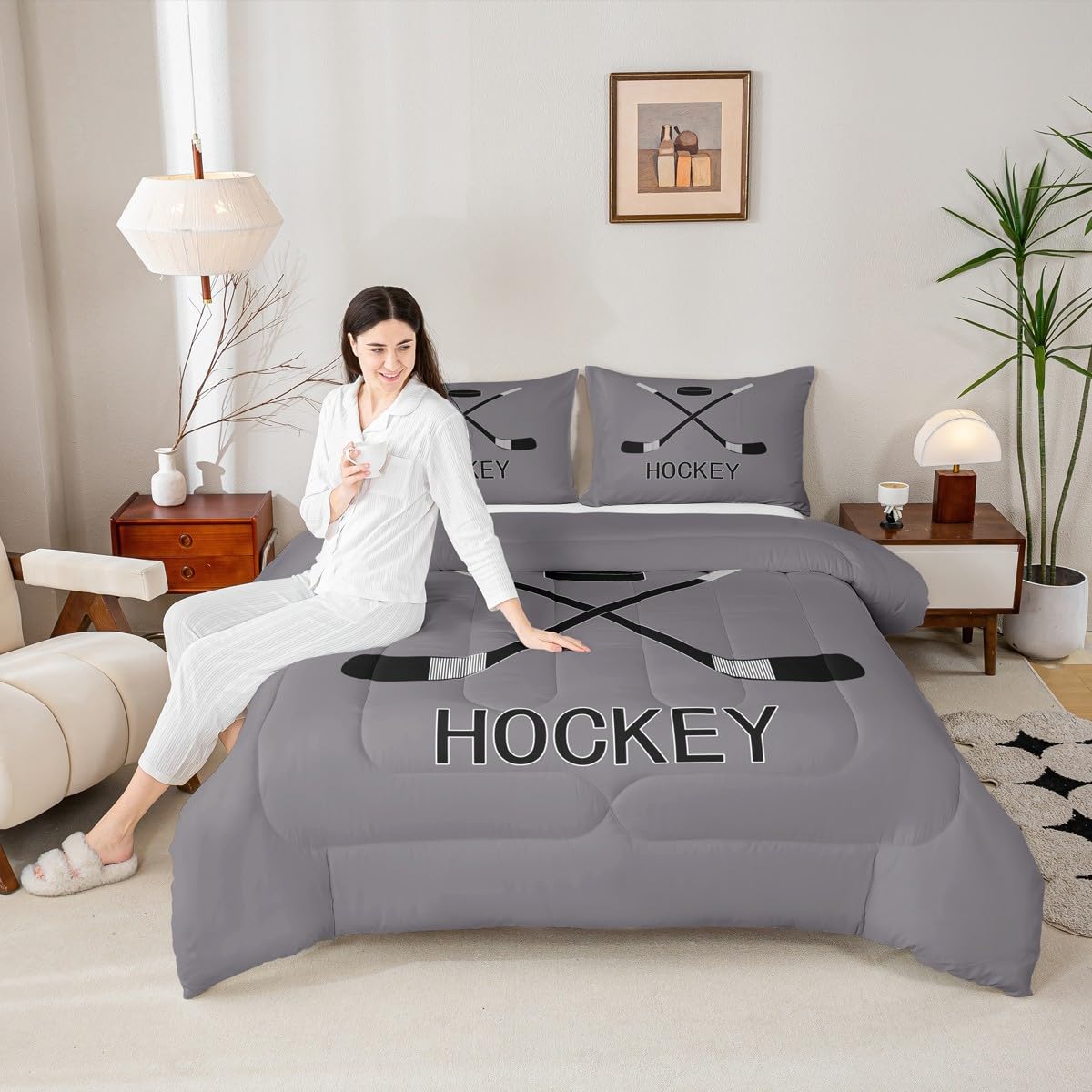Teens Ice Hockey Comforter Set, Winter Sports Games Down Comforter For Kids Boys Adult Young Men, Equipments Stick And Puck Duvet Sets Hockey Bedding Set With 2 Pillow Cases, Grey Black(Full Size)