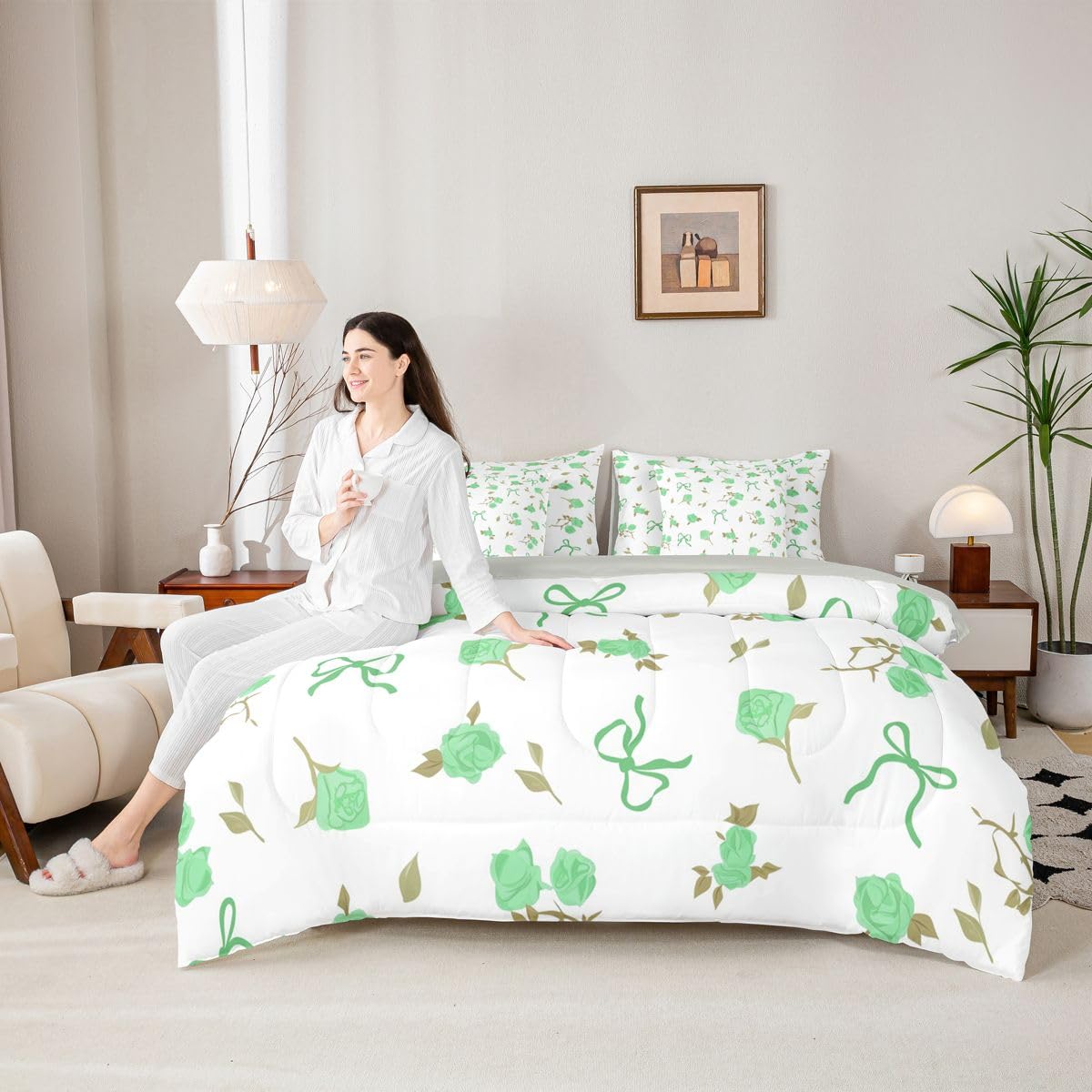 Erosebridal Coquette Bowknot 7 Piece Bedding Set Full Girly Bow Tie Comforter Set with Sheets Bowtie Rose Floral Bed in A Bag Kawaii Bow Decor Bed Sets with 2 Pillowcases, 2 Throw Pillow Covers