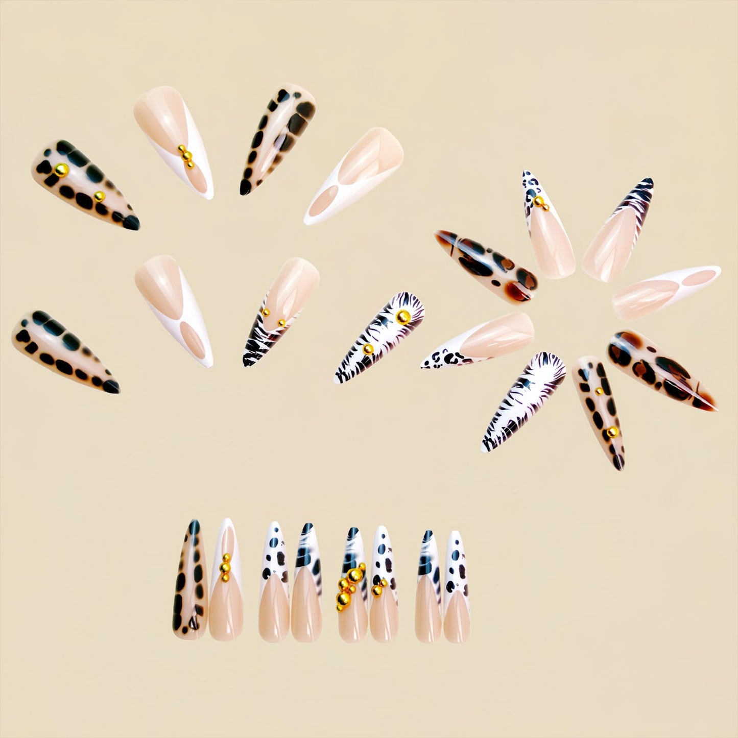 SINHOT Stiletto Press on Nails Long - Long Fake Nails, Glossy Finish, Zebra Stripes & Gold Chrome Pearls, DIY Artificial False Nail Art - 24 Pcs Nail Kit with Glue