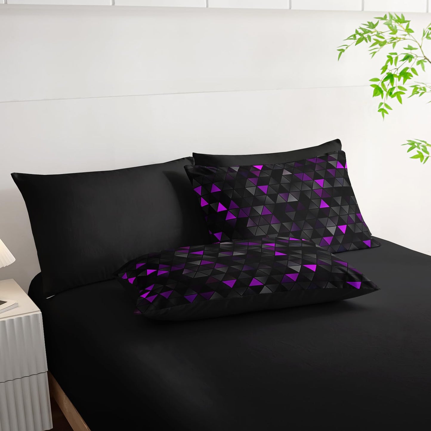 Nttopship Geometric Violet Black Triangle King Size Comforter Set,Light Honeycomb Bedding Set 7 Piece in A Bag,Bed Sheet Set Geometry Decor,Microfiber Lightweight All Season