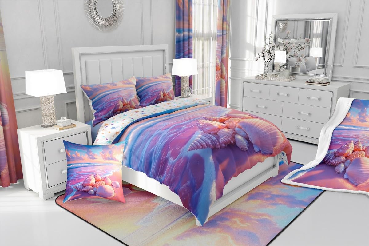 Feelyou Ocean Beach Bedding Sheets Full Pink Purple Beach Bed Sheet Set for Adult Kids Starfish Seashell Fitted Sheet Beach Theme Bed Cover 3Pcs,1 Fitted Sheet+2 Pillow Sham（No Flat Sheet）
