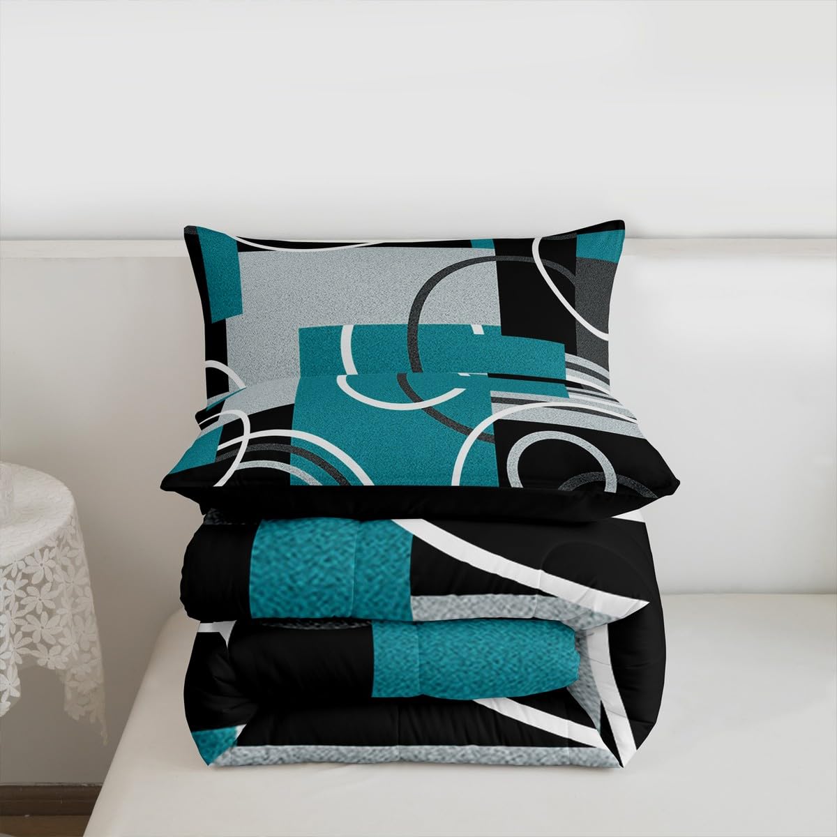 Erosebridal Modern Turquoise Decor Comforter Queen Geometric Circles Gird Bedding Set For Boys Girls Kids Teens Adult Black Grey Down Stripe Swirls Duvet Graphic Texture Quilted (GHS2936XXY-BZ_USq)
