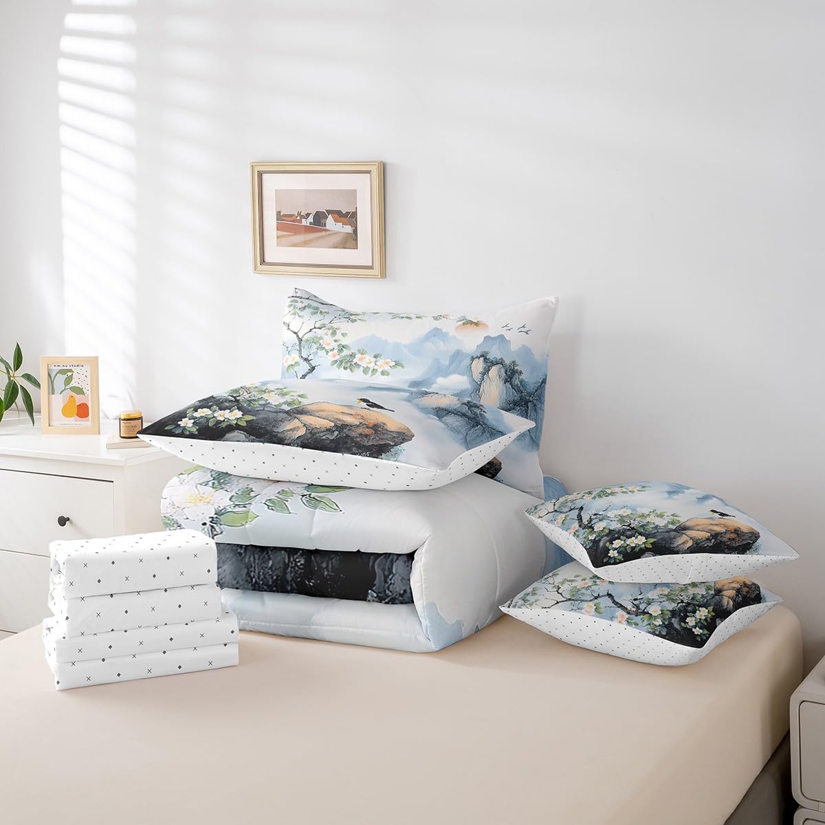 Feelyou Kids Cute Sparrow 7 Pieces Bedding Set Queen Size, Nature Spring Bed in A Bag Boys Girls Floral Botanical Comforter Set with Sheets Smoky Mountain Teens Bed Set Bedroom Decor 7Pcs