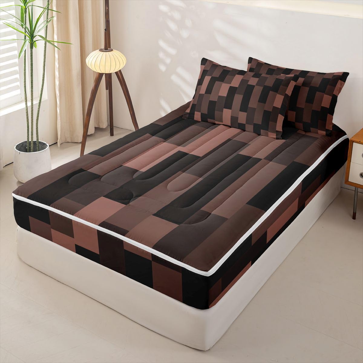 jejeloiu Black Brown Zipper Bedding Full Abstract Geometric Bedding Sets for Kids Boys Girls Modern Art Comforter Set with Fitted Sheet 2 Pillowcases One Zipper Bed Set for All Seasons