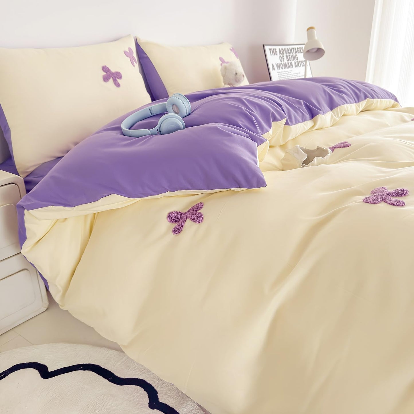 Tailor Shop Queen Size Girls Bedding Set 5 Pieces Pink Bedding Tufted Chenille Bowknot Embroidery White Comforter Girls Purple Comforter