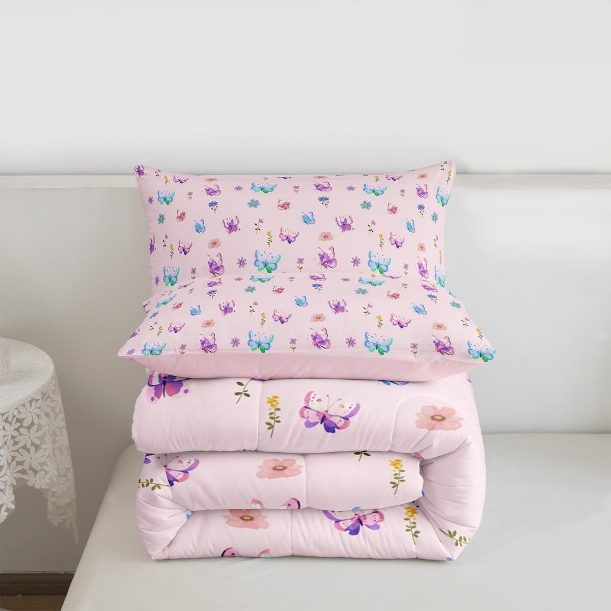Feelyou Butterfly Kids Comforter Set Full Size Floral Bedding Set Farmhouse Garden Duvet Quilt for Kids Boys Girls Bedroom Cute Decor Purple Pink Microfiber Ultra Soft Breathable