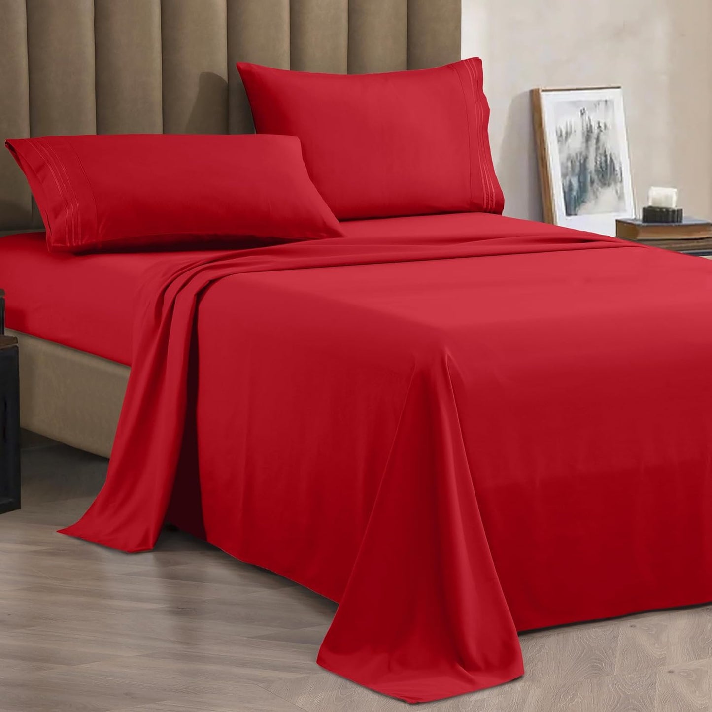 CELINE LINEN Premium 1800 Hotel Quality Wrinkle-Resistant 4-Piece Microfiber Sheet Set - Luxury Ultra Soft and Breathable Bedding 16 Inch Deep Pocket 4PC Sheet Set, King, Red