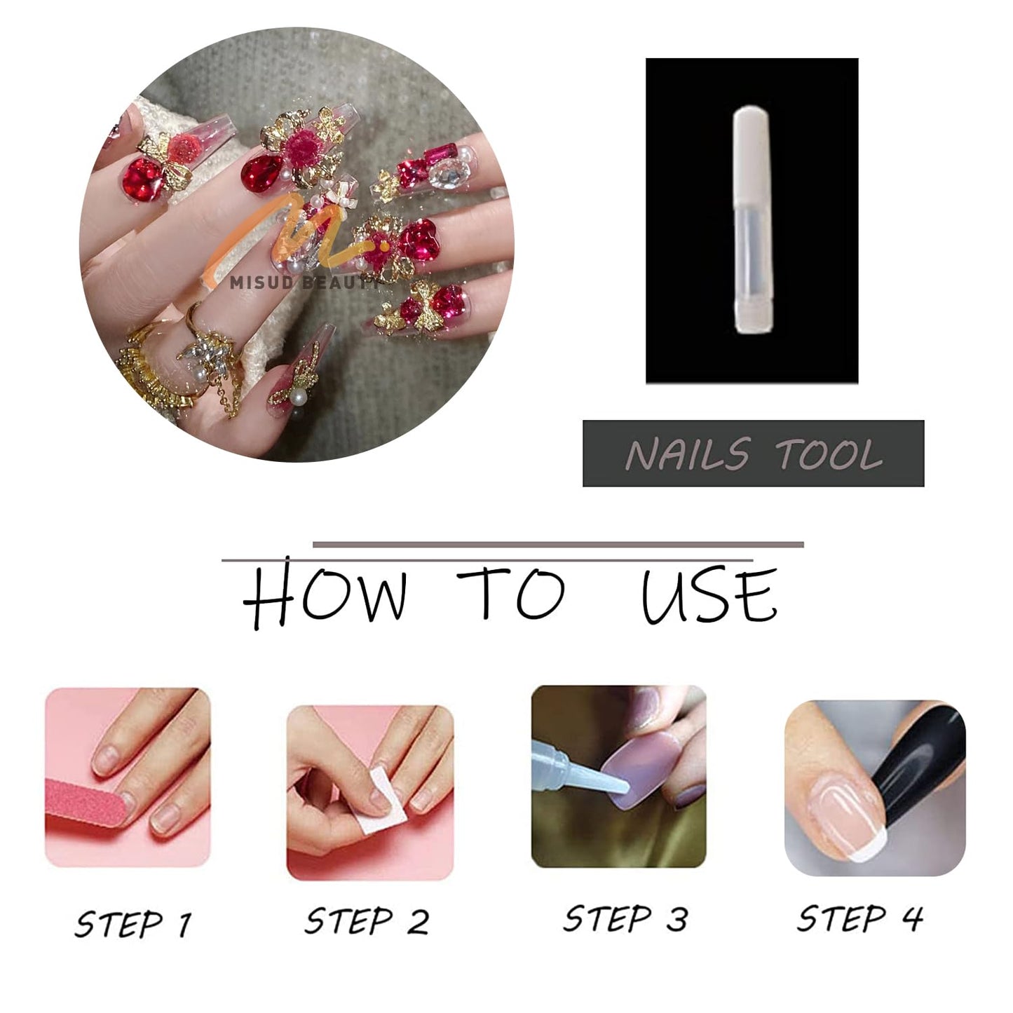 MISUD Press on Nails - Long Coffin Fake Nails with Red Rhinestone, Acrylic Handmade Design 24 pcs