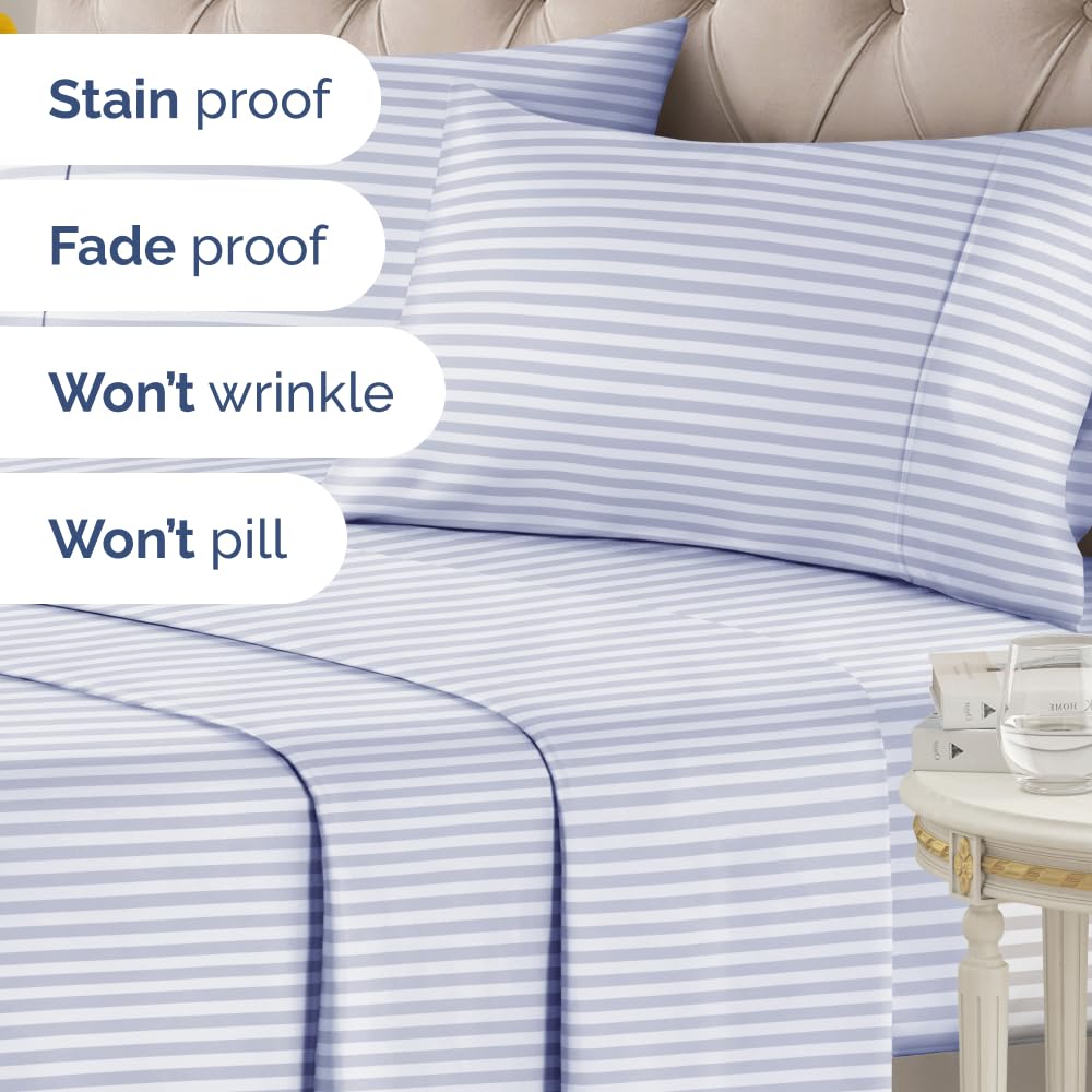 Sky Blue and White Striped Sheets - 1 Flat & 1 Fitted Sheet & 2 Pillowcases w/ Deep Pockets - Comfy, Wrinkle & Fade Resistant - Soft, Breathable & Cooling - Pinstripe Patterned Bedding - Full Size