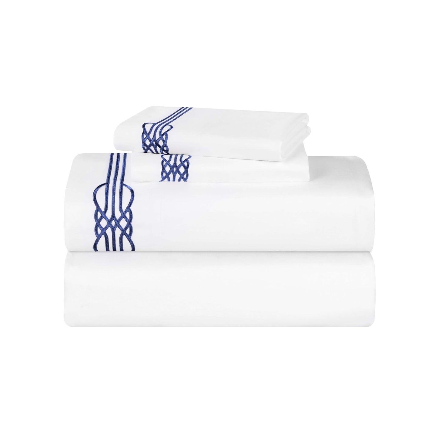 Superior Embroidered Cotton Bed Sheet Set, 1 Elastic Deep Pocket Fitted Sheet, 1 Flat Sheet, 2 Pillowcases, Daily Soft Sheets, Luxury, Elegant Design, Moonlawn Collection, Queen Size, White/Navy Blue