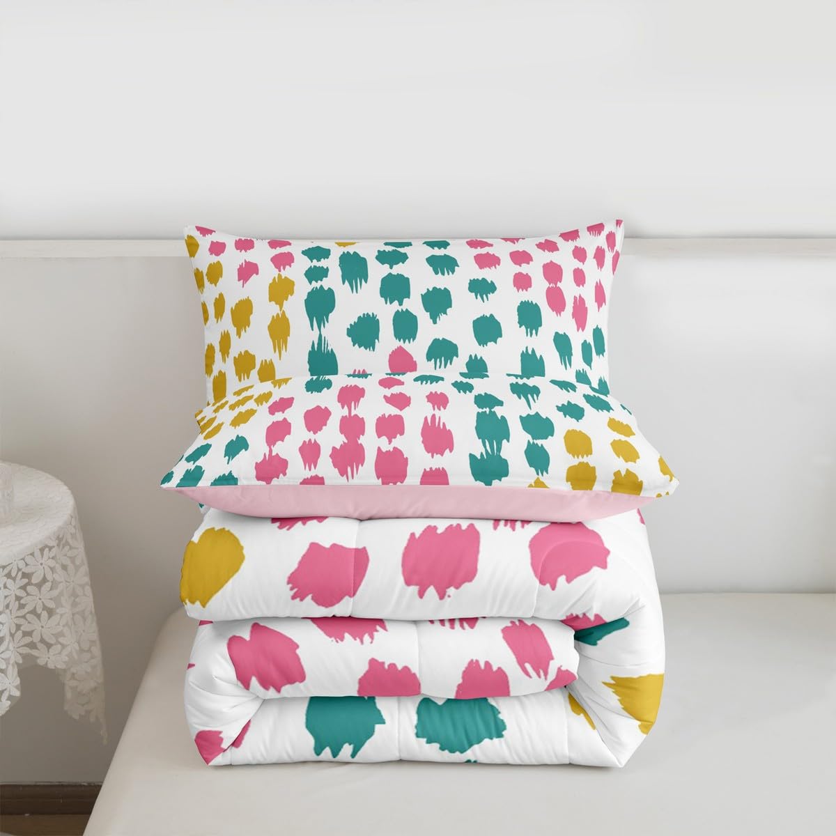 Erosebridal Abstract Spots Kids Comforter Sets Polka Dots Queen Bedding Set for Boys Girls Boho Brush Stroke Comforter Set,Geometric Circle Quilt Duvet 3 Pcs