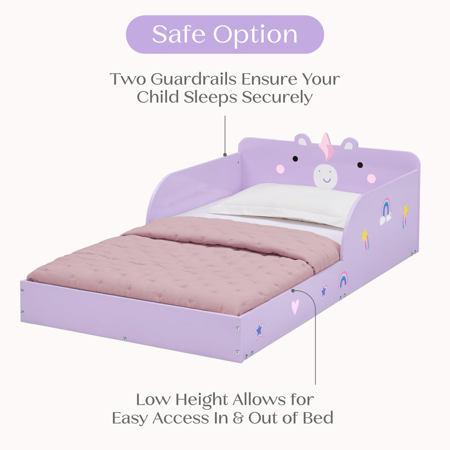Delta Children Unicorn Wood Floor Toddler Bed with Reusable Stickers, Purple