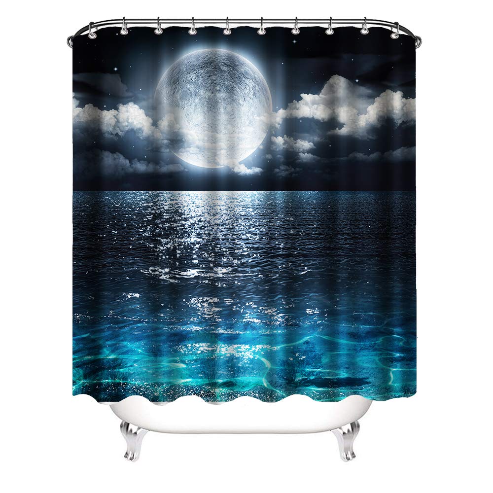 VividHome Shower Curtain Full Moon Over Ocean Landscape Waterproof Fabric Shower Curtain for Bathroom Decor Set with Hooks 72 x 72 Inches