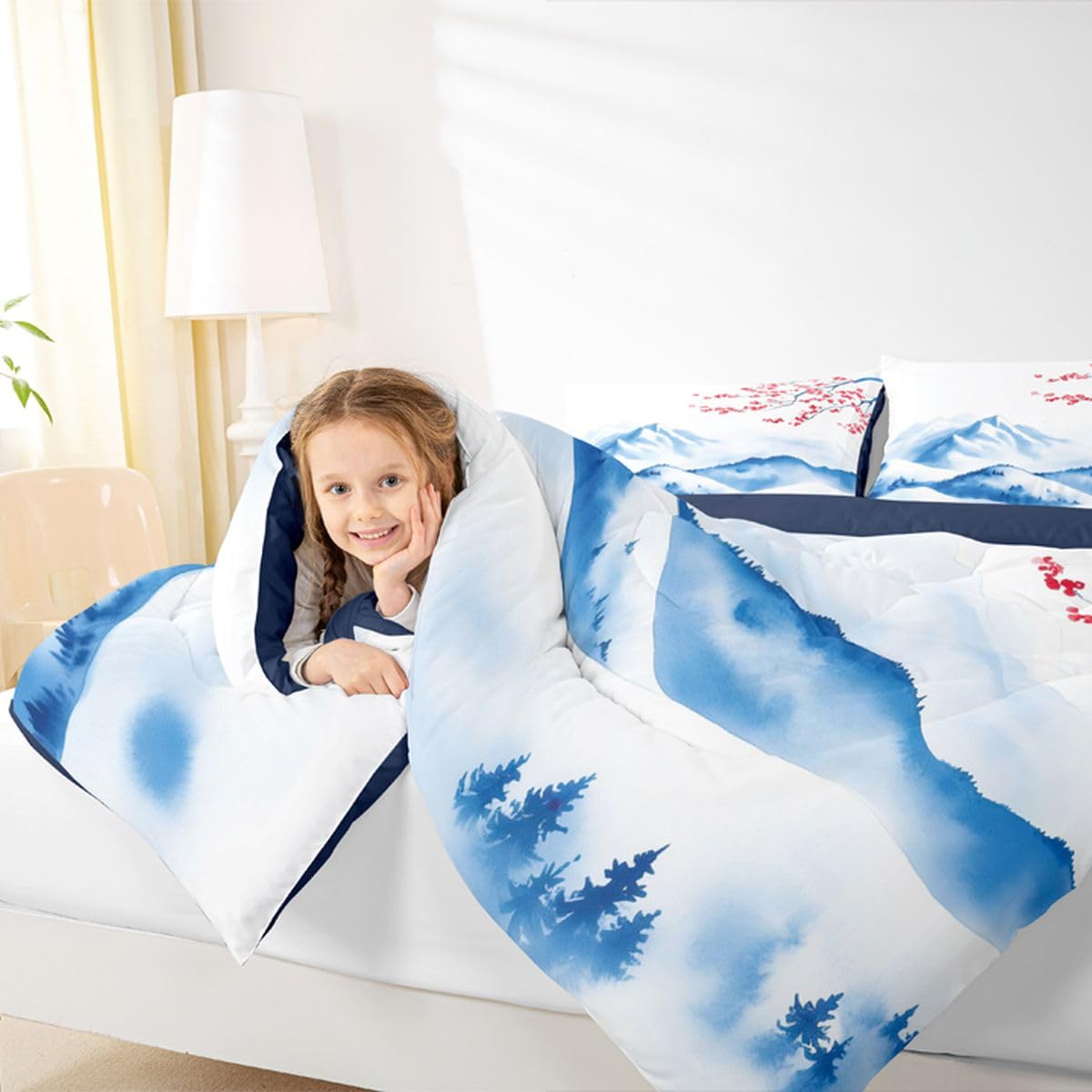 jejeloiu Japanese Wave Bedding Set Soft for Boys Girls, Cherry Blossom Comforter Set Queen Size Mountain Duvet Quilt Microfiber Japanese Style Bedroom Decor 3 Pcs with 2 Pillow Cases