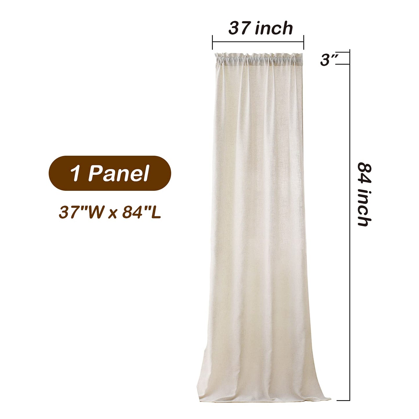 Valea Home Linen Curtains Panel 84 inch Long Light Filtering Rod Pocket Crude Drapes for Bedroom Living Room Farmhouse Window Treatment Panels, Natural, 1 Panel