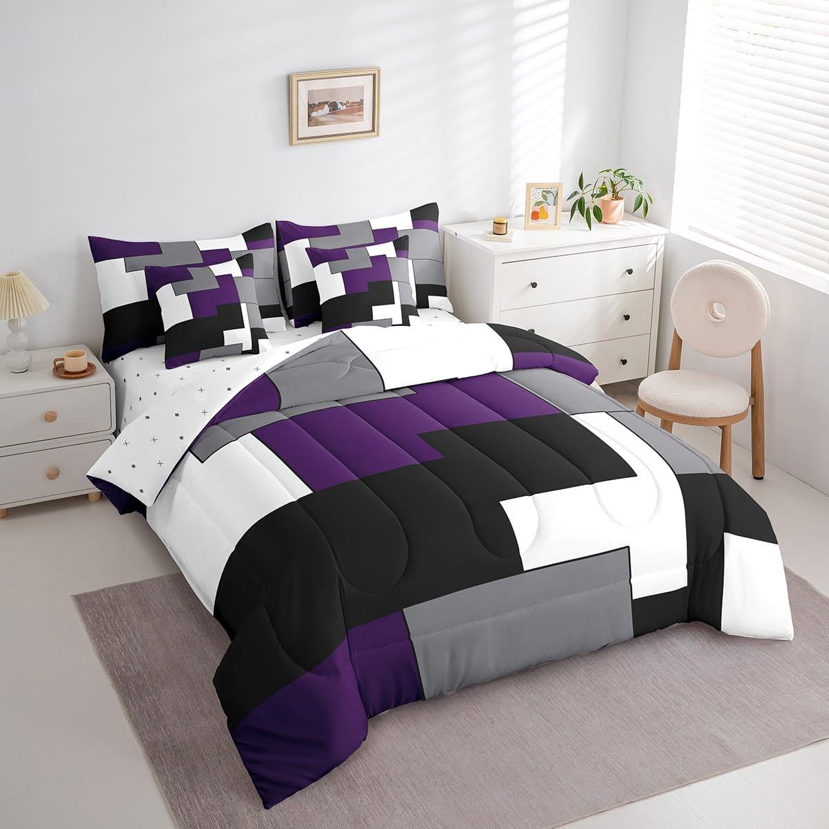 Erosebridal 7 Pcs Geometric Comforter Set Twin Size,Square Bed in a Bag with Flat Fitted Sheet for Kids and Adults,Purple Black White Abstract Art Bedding Set with Pillowcases and Cushion Cases