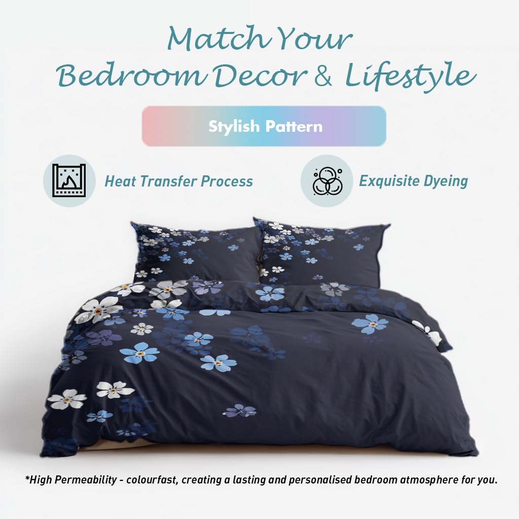 Navy Blue Floral King Size Duvet Cover Set 3 Piece, Botanical Flower Reversible Bedding with 2 Pillow Shams, Zipper & Ties, Ultra Soft Microfiber, Floral Bedroom Decorations 46A-I