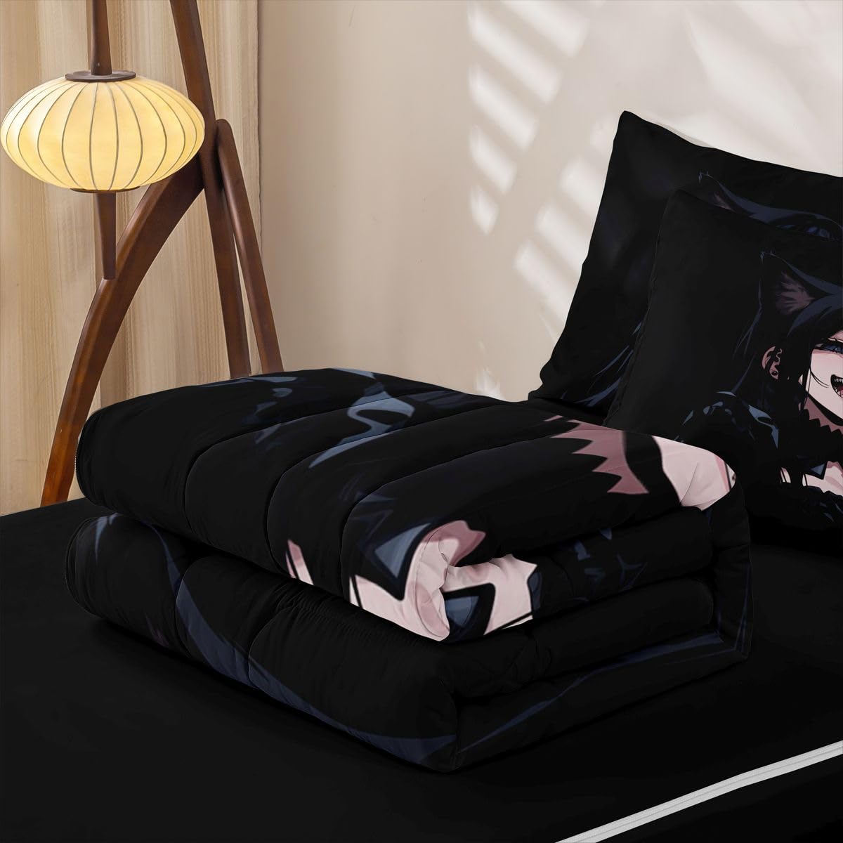 Erosebridal Anime Girl Zipper Bedding Twin Size, 3D Japanese Kids Comforter Set - Gothic Style Cat Girls Zip Up Comforter Bed in A Bag