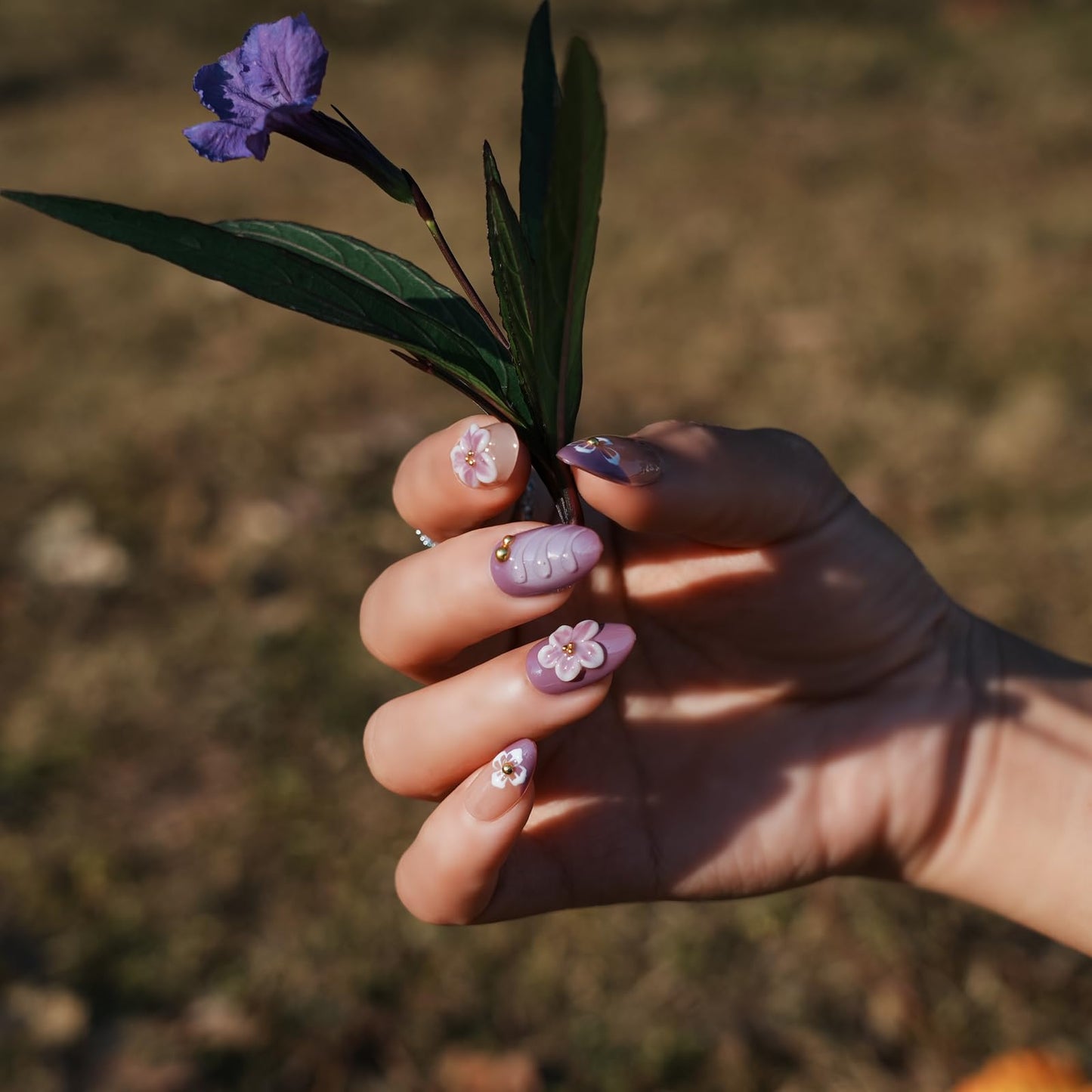 Tesytto Handmade Press on Nails with 3D Ombre Purple Flower - Lavender Floral Short Almond Nails - Full Cover Stick on Nails for Women & Girls (Blossom Purple Dream, M)
