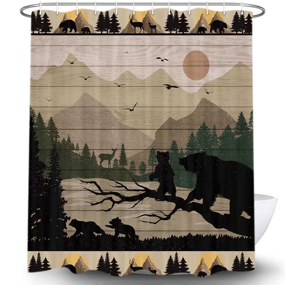 Rustic Cabin Shower Curtain for Bathroom, Cute Funny Bear Deer Forest Mountain on Brown Wooden Board Fabric Woodland Shower Curtains, Country Farmhouse Lodge Shower Curtain Set with 12 Hooks, 70X70IN