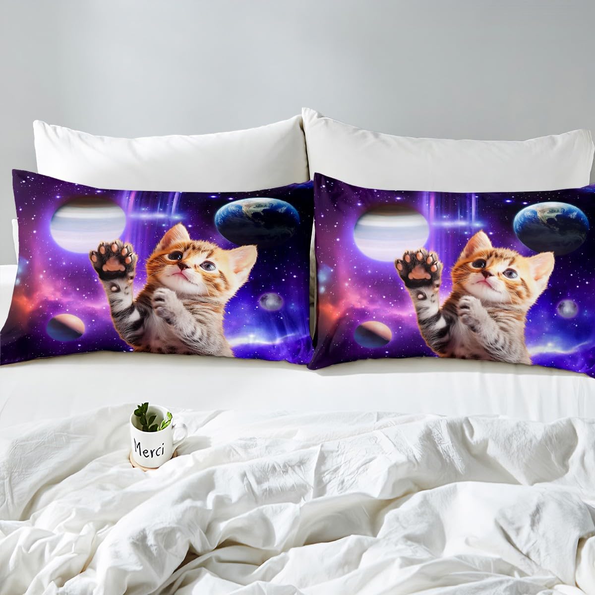 Feelyou Galaxy Cat Duvet Cover Set Universe Galaxy Bedding Set for Kids Boys Girls Cute Kitten Printed Comforter Cover Outer Space Planets Quilt Cover Bedroom Collection 3Pcs Full Size