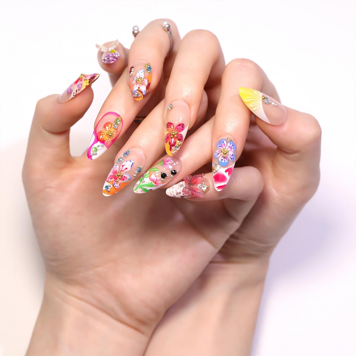 24Pcs Colorful Flower Press on Nails Medium Almond Handmade Fake Nails with 3D Butterfly Rhinestones Design Cute Full Cover Artificial Glue on Nails Hawaii False Nails Summer Stick on Nail for Women