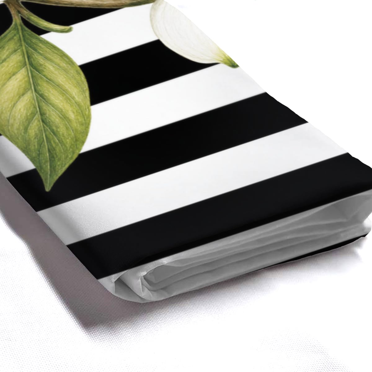 TopPacific White Blossom Stripe Shower Curtain 72x72 Inch Shower Curtain with 12 Hooks Polyester White Blossoms Green Leaves Black White Stripes Bathroom Decor