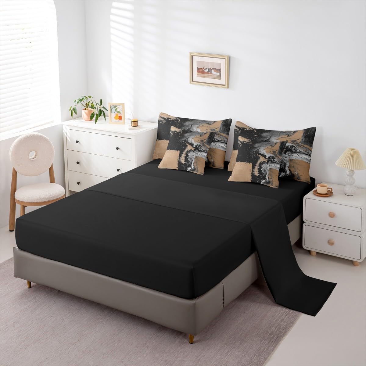 Feelyou Abstract King Comforter Set with Sheets for Kids Boys Girls Modern Abstract Art 7 Pieces Bedding Set Luxury Bed in a Bag Geometric Room Decor Brown and Balck Soft Lightweight Microfiber