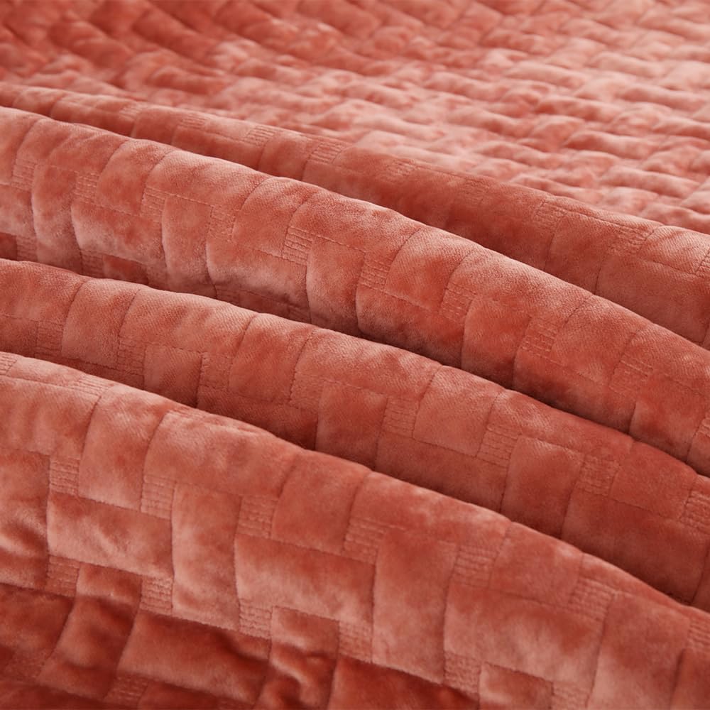 Liians Velvet Bedspread Quilt Bedding Sets,Luxury Elegant Ultra Soft Velvet Comforters Coverlet Blankets,Weave Stitching Pattern Cotton Quilted Bedspread for All Seasons,Orange,King Size