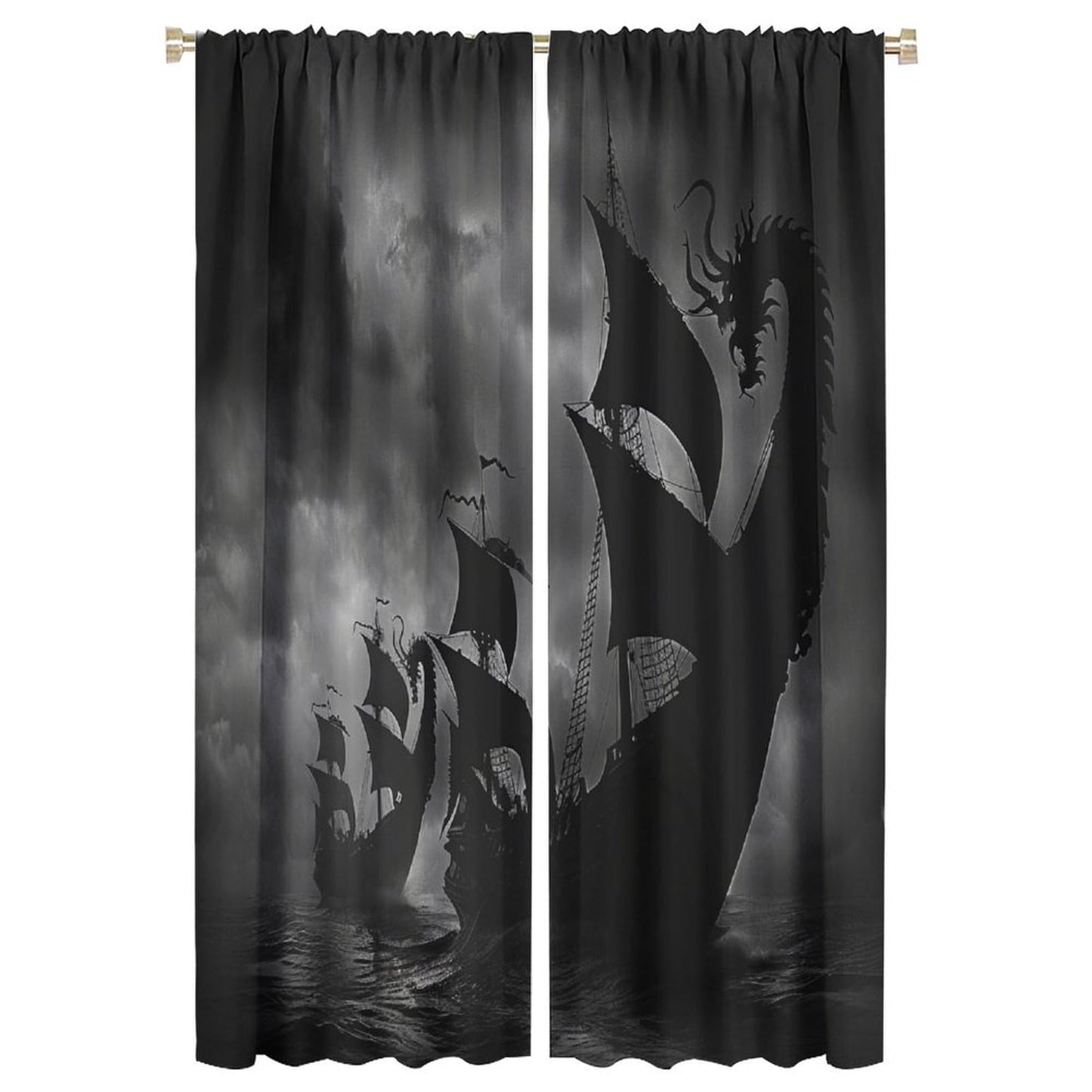 TOWINSFB Ancient Sailboat Wave Blackout Curtains, Medieval Ship Black Sky Home Decor Rod Pocket Window Drapes for Living Room Bedroom- 2 Panels, Each 63" L x 21" W