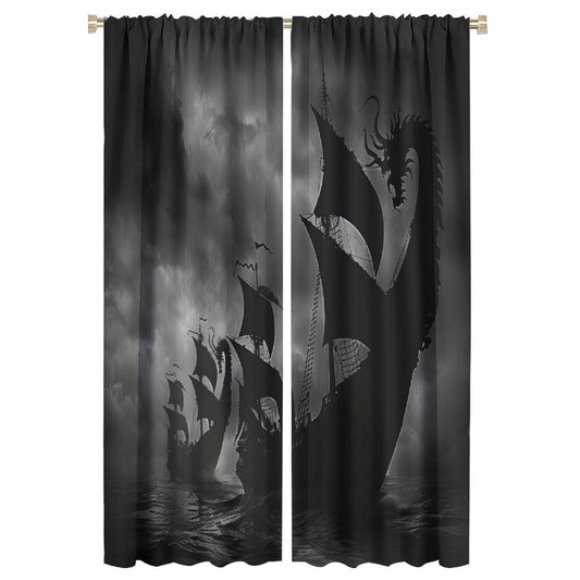 TOWINSFB Ancient Sailboat Wave Blackout Curtains, Medieval Ship Black Sky Home Decor Rod Pocket Window Drapes for Living Room Bedroom- 2 Panels, Each 63" L x 21" W