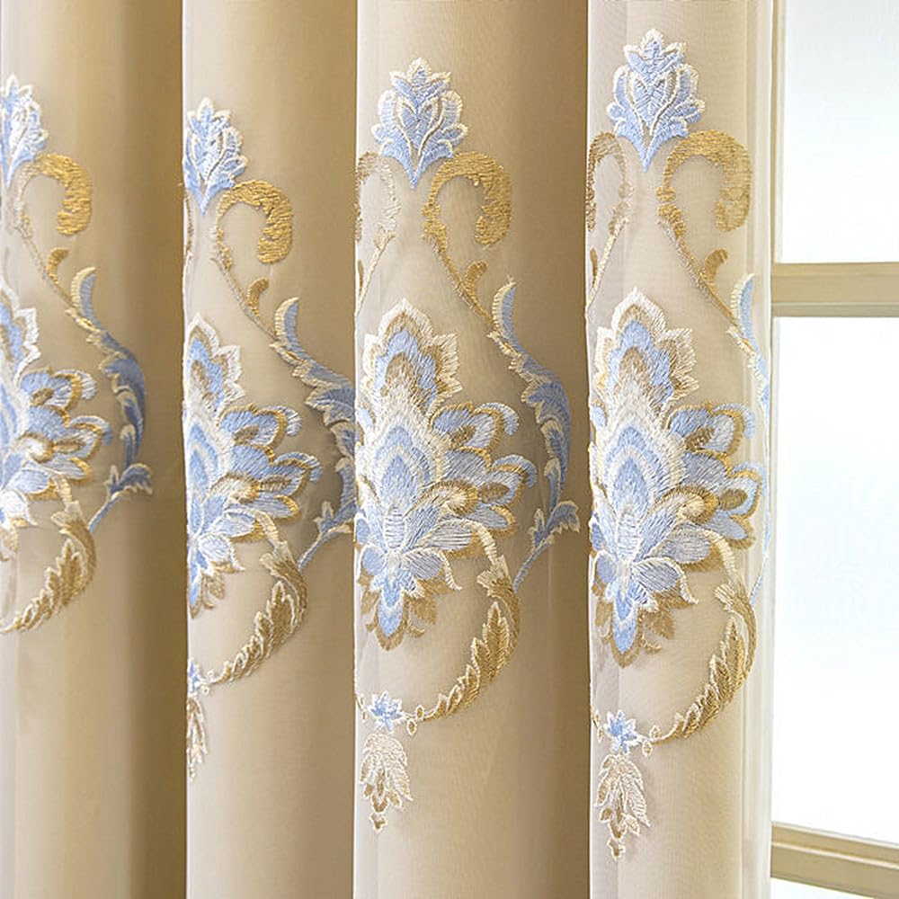 Amidoudou 1 Pair European Double Layer Curtains with Valances for Living Room Luxury Jacquard Curtains for Bedroom (Beige,54x90 Inch)
